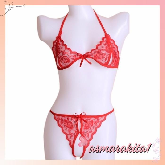 BRA SET OPEN G STRING LINGERIE WANITA LACE BRA TRANSPARAN SEXY A - MERAH, ALL SIZE BY ASMARA KITA VI