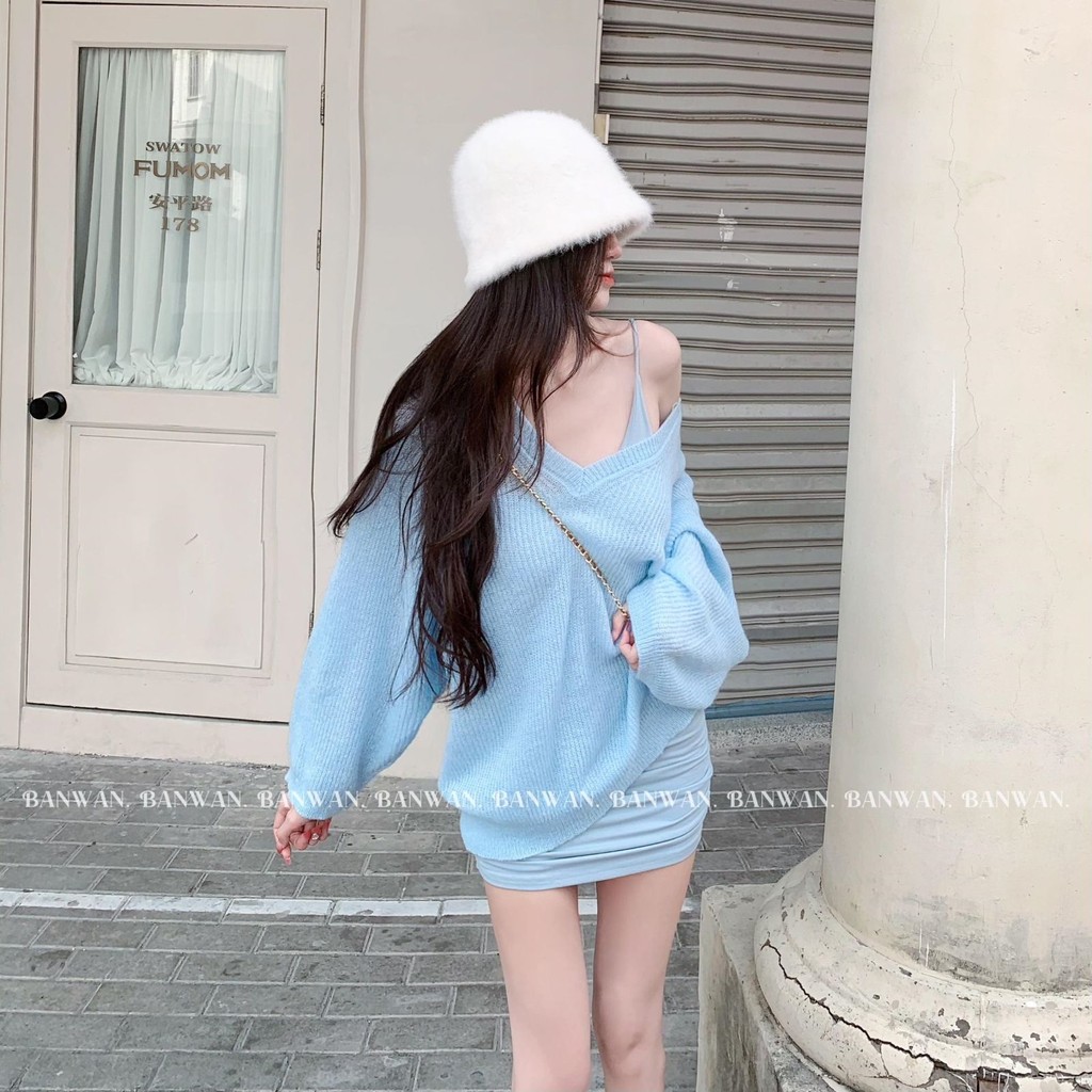 [Cream Winnie]Sweater Suspender Gaya Korea Setelan Blus V-neck