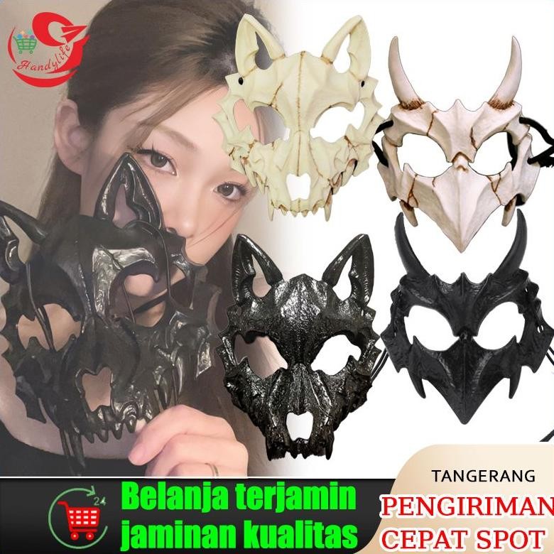UYT Topeng Setengah Wajah Tengkorak Karena Alat Peraga Hitam Putih Halloween Berpakaian Pria Wanita 