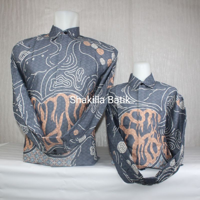 Batik PNS SH01.Couple Kemeja Batik Ayah Anak Katun Lapis Furing Premium Warna Abu