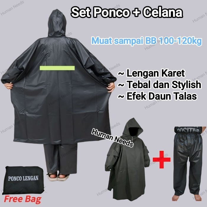 Stelan Jas Hujan Ponco Poncho Lengan+Celana Jumbo Bahan Mirip Axio Tebal/Raincoat Mantel Mantol Ujan