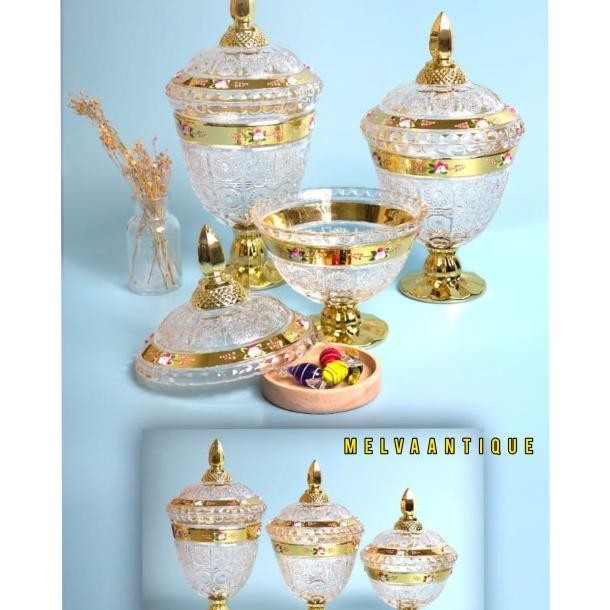 Toples Kristal Gold 1 Set Isi 3 Pcs / Toples Kue Kering / Toples Kaca