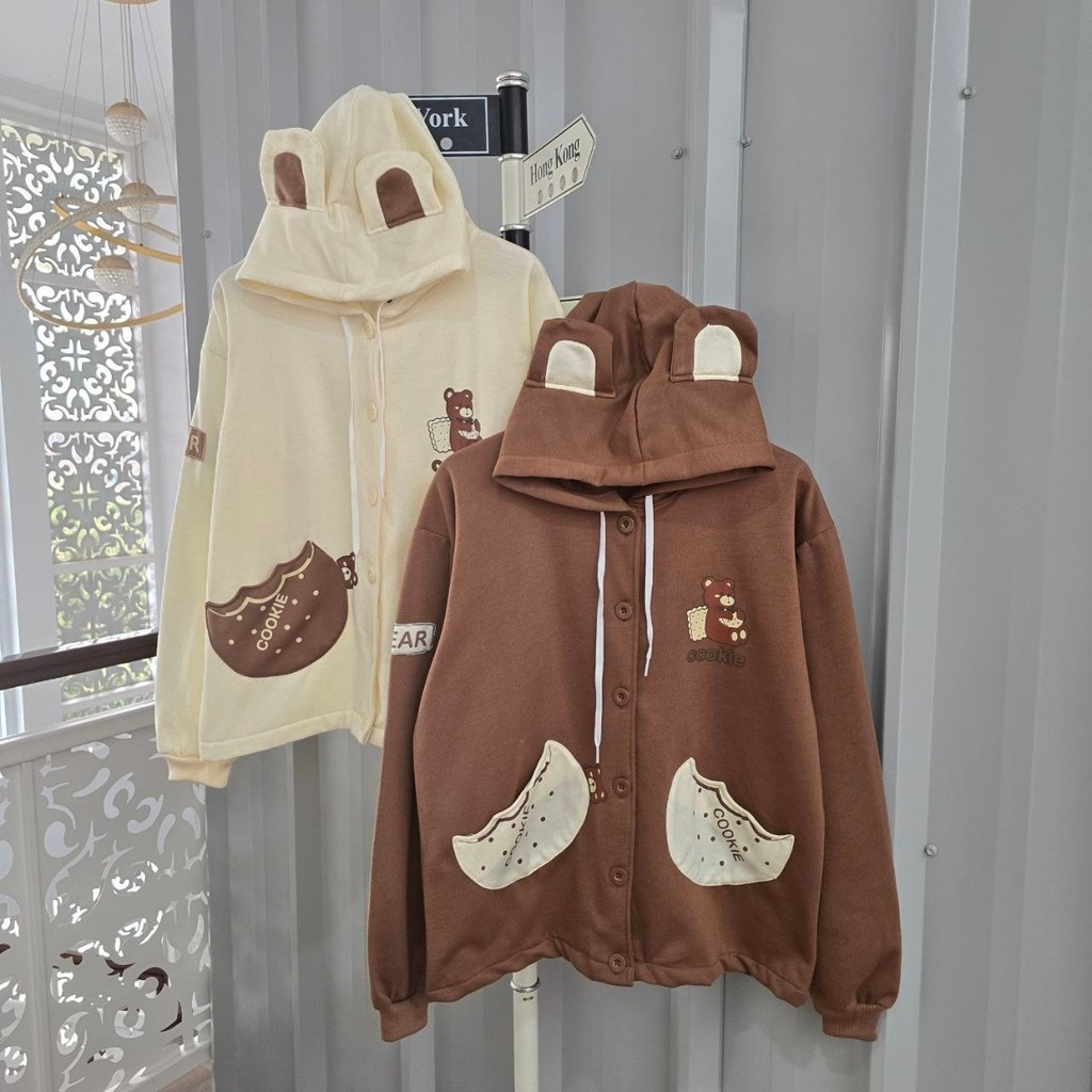 ( isi 2 pcs) Terbaru jaket hoodie COOKIE BEAR BUTTON / Jaket couple pasangan terbaru / sweater coupl