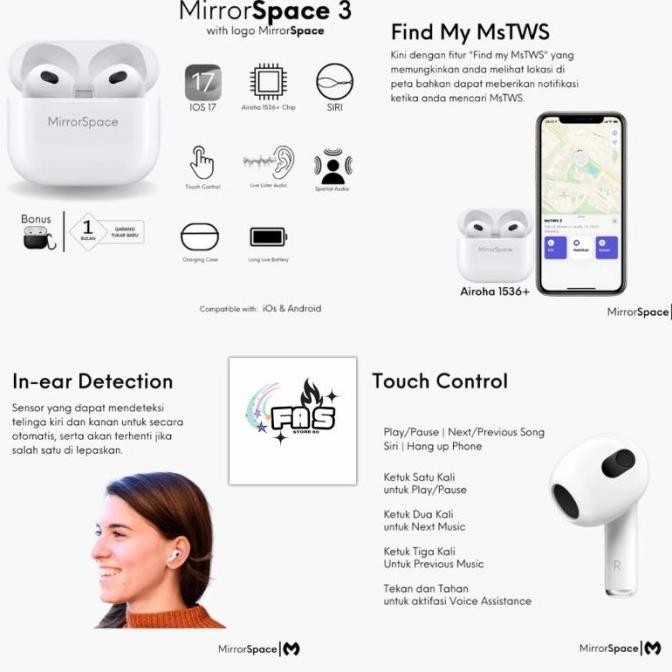 BEBAS ONGKIR - MirrorSpace Gen 3 Wireless Charging Case TWS Bluetooth