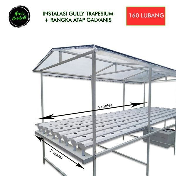 INSTALSI HIDROPONIK GULLY TRAPESIUM 4 X 2 METER DAN ATAP RANGKA READY
