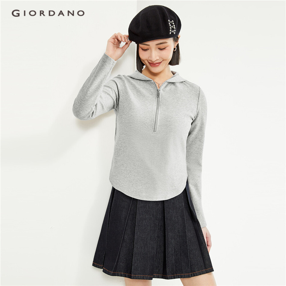 GIORDANO WANITA Zip placket hem melengkung lengan panjang hoodie ramping 18324001 |m8cz3997|