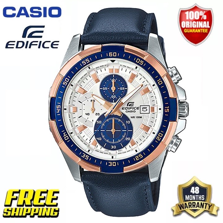 (GARANSI 2 TAHUN) Casio Edifice (EFR-539L-7C) Tali Kulit Jam Tangan Kuarsa 50 Meter |wfm3tt6O|
