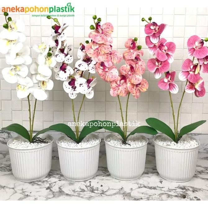Bunga Hias Anggrek Bulan X2 Latex Artificial Pot Plastik Dekorasi Meja L21N