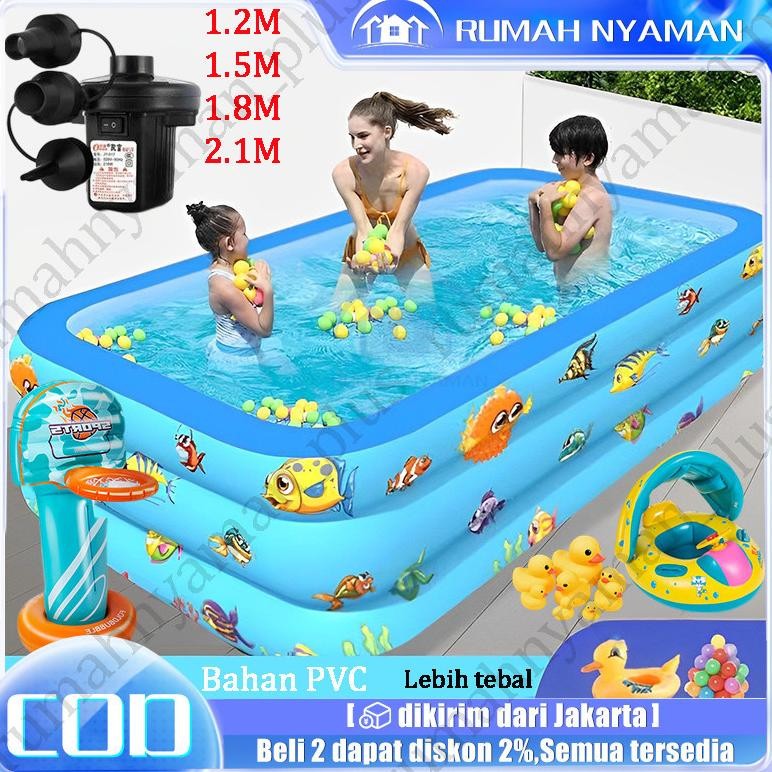 Baru Pompa udara gratisKolam renang anak jumbo kolam anak kotak biru besar 210 cm balon renang anak 