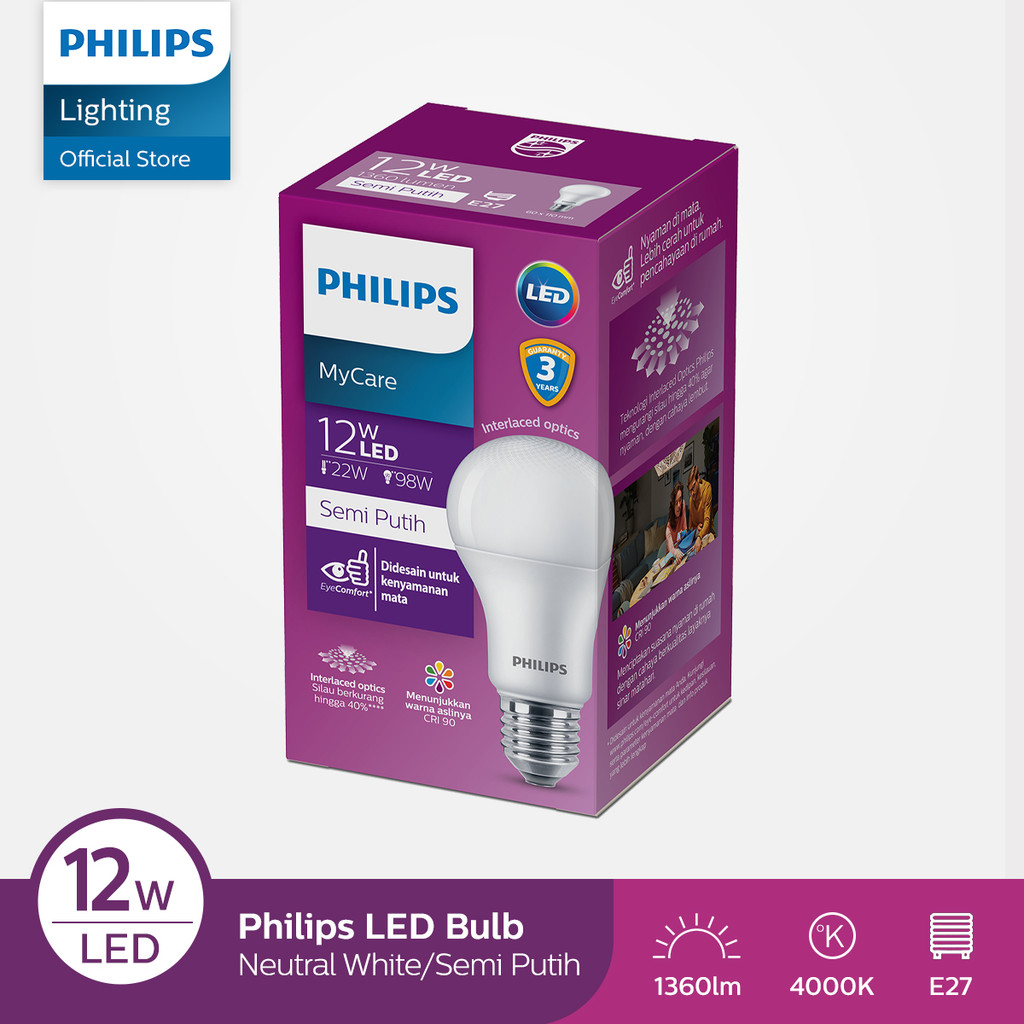 Philips Lampu LED Bulb MyCare 12W E27 4000K 230V - Semi Putih *