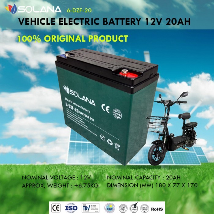 SOLANA E-BIKE 12V 20AH AKI KERING SEPEDA MOTOR LISTRIK BATTERY 20 AH