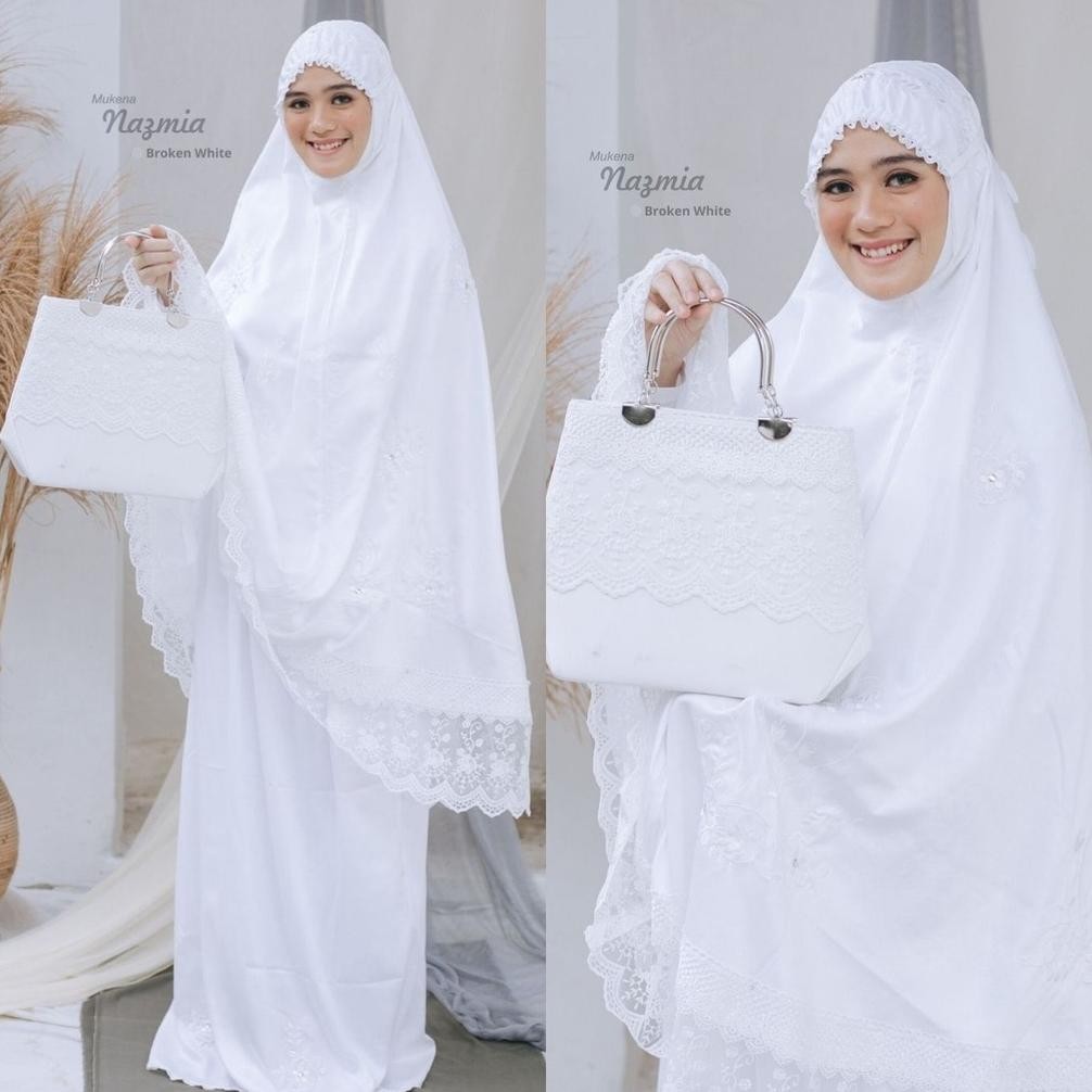 Mukena Premium Terbaru 2025 Nazmia Putih Tulang Cantik Bordir Manual Dewasa Mewah Hantaran Cantik Re