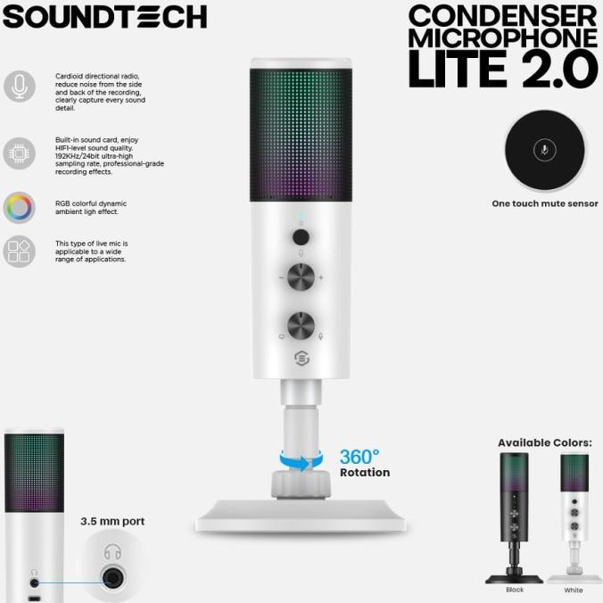 SOUNDTECH Lite 2.0 USB Microphone Condenser Cardioid RGB streaming Soundtechlite