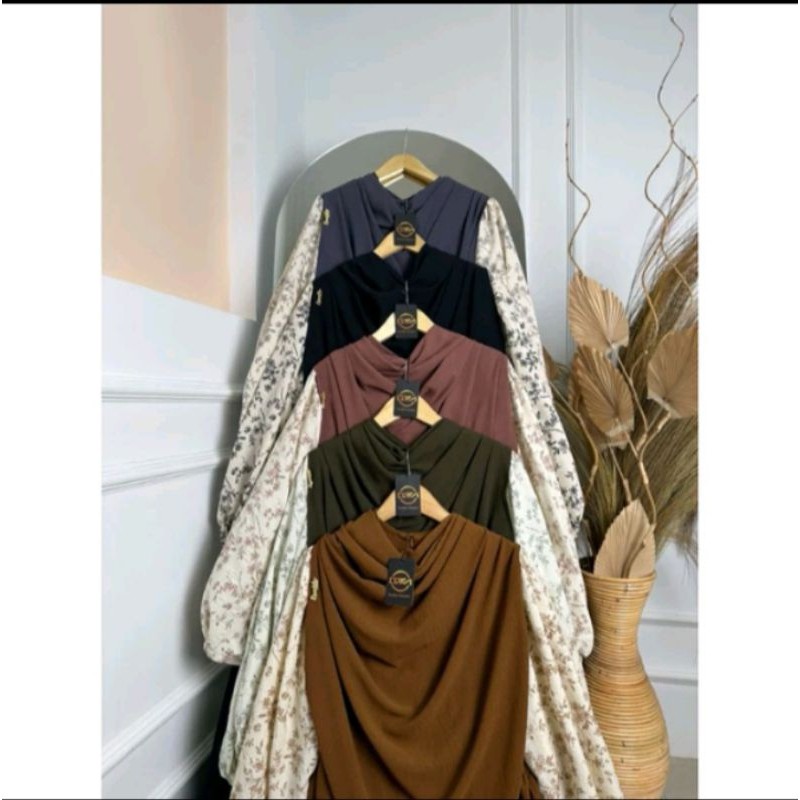 Gamis Terbaru DFM-Arumi Set Motif Syar'i Pasmina Oval Bahan Cringkel Gamis Jumbo Murah