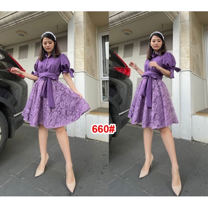 DISKON Dress Natal 660# Midi Dress Moescreap Kombi Brukat Free Belt Kain