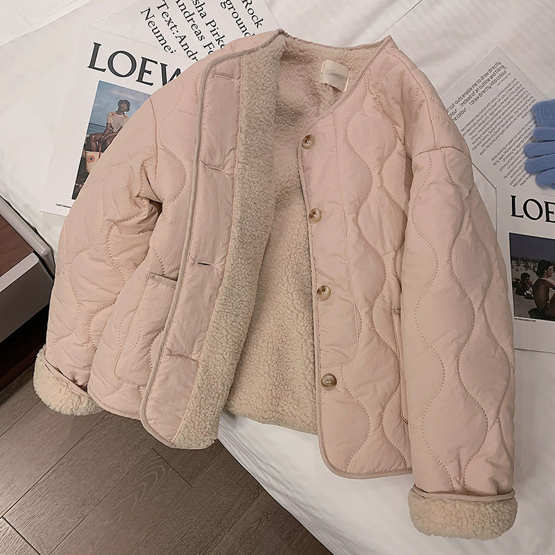 Women's Korean-Style Thick Loose round Neck Lamb Wool Coat Pink Berber Fleece Cotton Coat