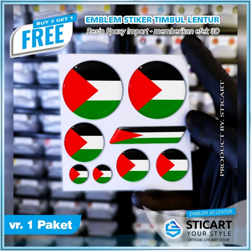 EMBLEM BENDERA PALESTINA TIMBUL STIKER MOTOR PAKET 3D EMBLEM TIMBUL LENTUR