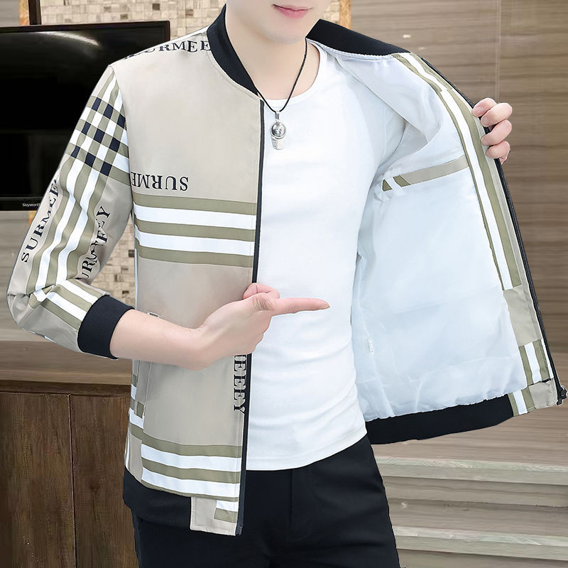Jaket Seragam Bisbol Pria, Cetak Tipis Gaya Korea Slim-Fit Kasual