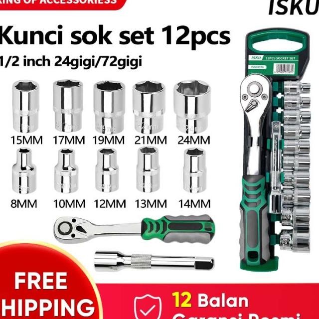 Isku Kunci Sok Set Cr-V 12 Pcs Kunci Sok Wrench 1/2" Rachet Kunci Set