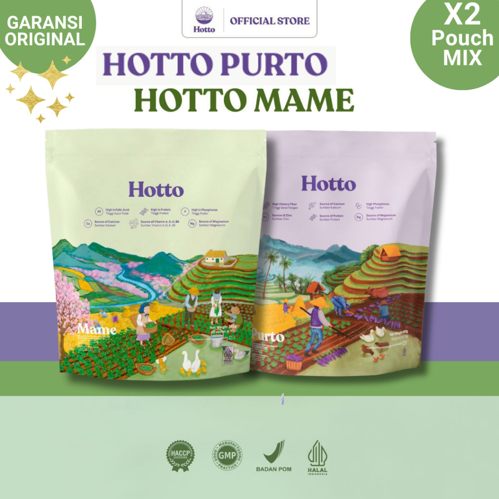 

Hotto Mame dan Purto MIX 2 Pouch (28 Sachet) Multigrain Tinggi Protein Edamame + Multigrain Ubi Ungu