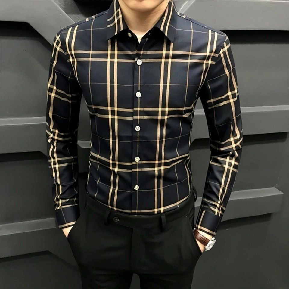 Kemeja Lengan Panjang Pria, Baju Lengan Panjang Gaya Korea Kotak-kotak Kasual Bisnis