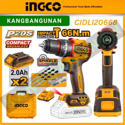 Mesin Bor Cordless Impact Drill Brushless 20V 66Nm INGCO CIDLI20668