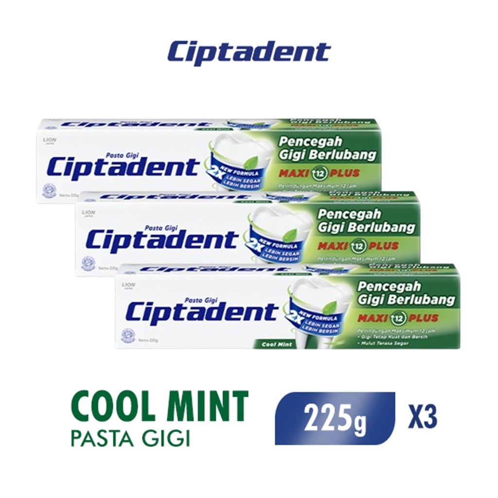 Ciptadent Pasta Gigi Maxi 12 Cool Mint Tube Plus Jumbo 225 gr x3