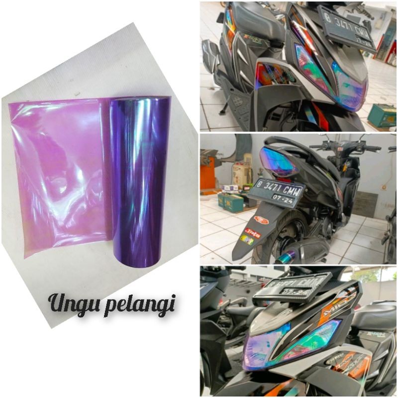 Skotlet hedlamp rainbow pelangi ungu, stiker transfaran buat lampu motor/Mobil