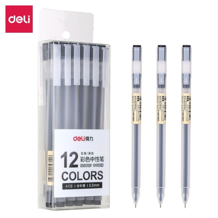 

Terbaru Deli 12pcs/Box Gel Ink Ballpoint Pen Office School Pens Smooth Wr 100% ori