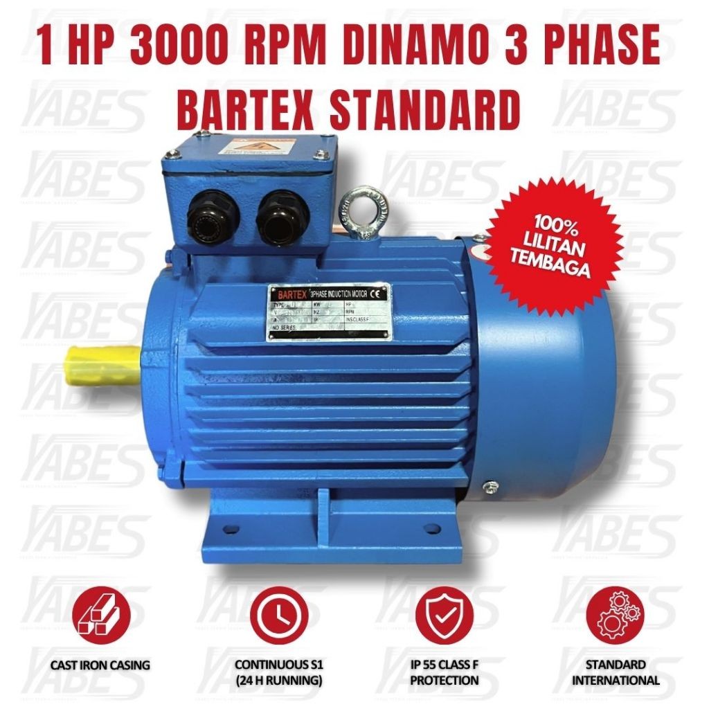 BARTEX Dinamo 3 Phase 380v 1 HP 750 Watt 100% Lilitan Tembaga 3000 RPM Body Cast Iron Elektro Motor 