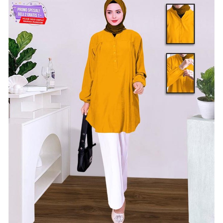 BAJU ATASAN BLOUSE WANITA KEMEJA LENGAN PANJANG KUNING KUNYIT JUMBO