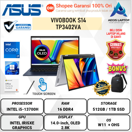 Asus Vivobook 14 flip Tp3402VA OLED i7-13700H 16GB 512GB SSD W11+ OHS