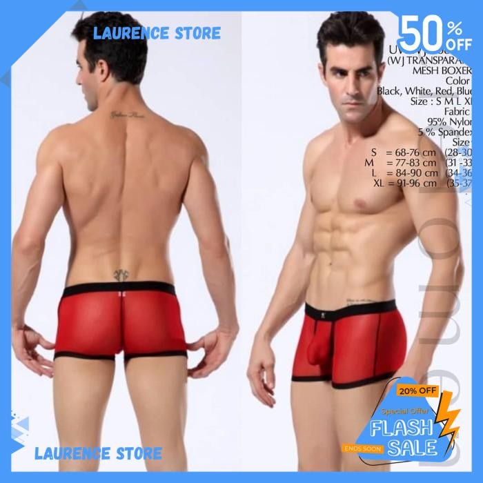 CD BOXER IMPORT UWWJ-008 RED TRANSPARAN MESH NYLON SPANDEX    BY LAURENCE STORE TERBARU