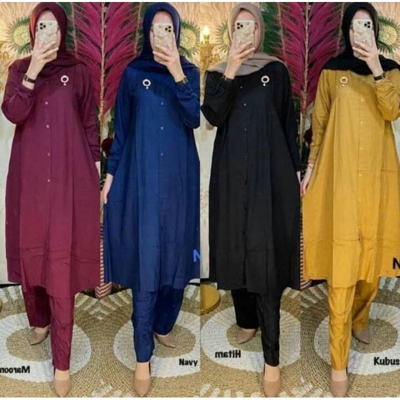 Baju Muslim One Set Tunik Setelan Rayon Long Tunik Polos