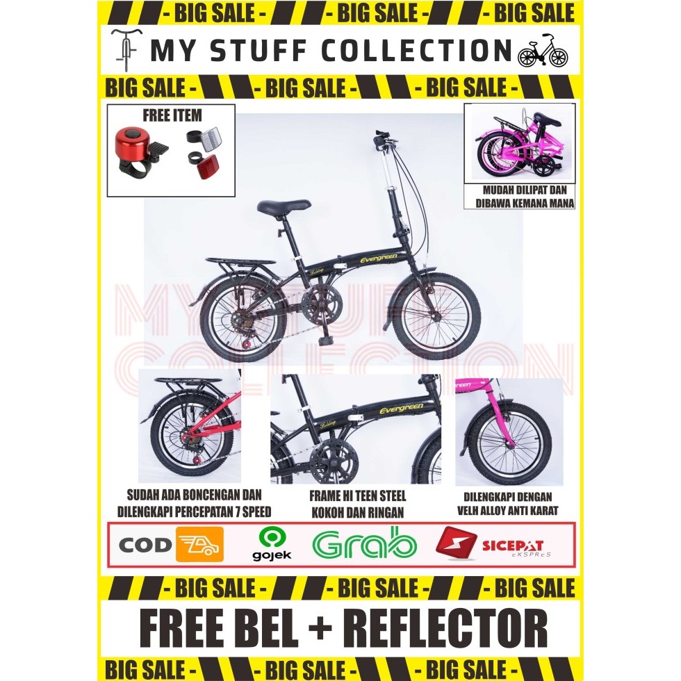 Sepeda Lipat Evergreen 16 Inch 7 Speed Spackbor + Boncengan Belakang
