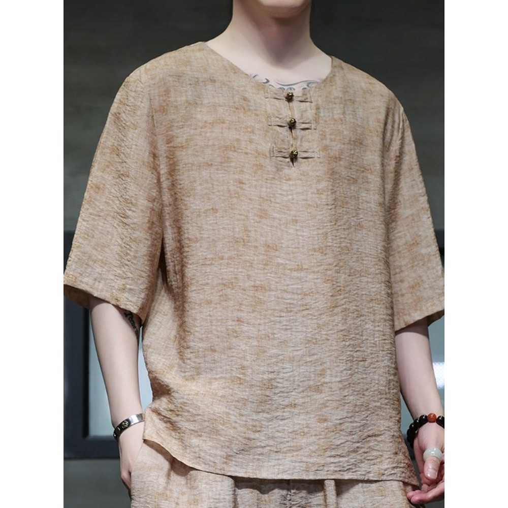 Lengan Pendek Musim Panas Gaya China Pria T Kaus Lengan Setengah Panjang Hanfu Buddha, Pakaian Sutra