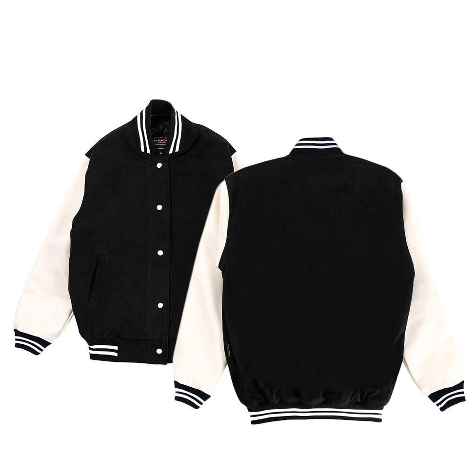 Jaket Pria Bomber Eternalworks Basic Black Varsity Jacket Varsity Jacket Boomber Kekinian Jaket Moto