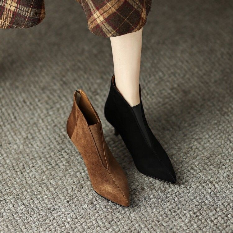 Pointed Stiletto Heel Frosted Ankle Boots Real Leather High Heel Ankle Boots Back Zipper Ankle Boots