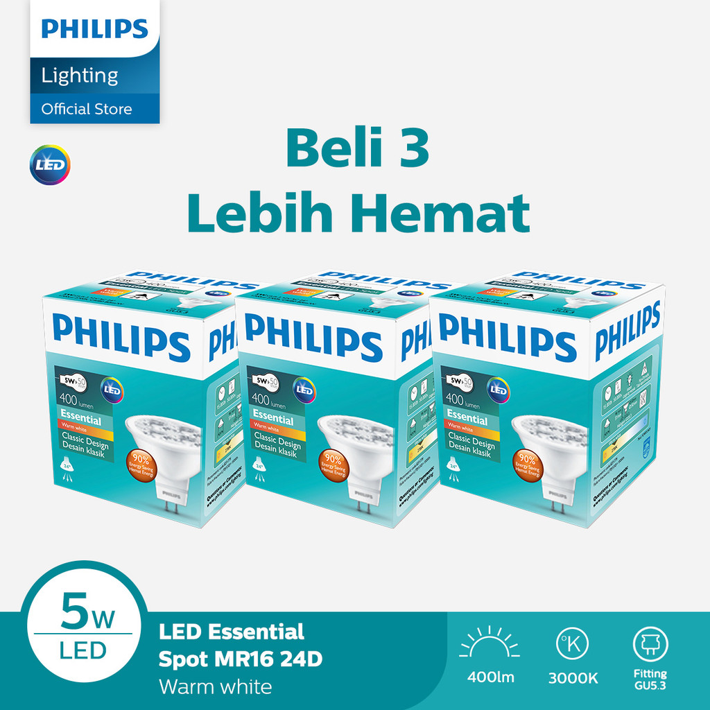 Philips Paket Beli 3 Lampu Spotlight ESSENTIAL MR16 LED 5W 24D Kuning