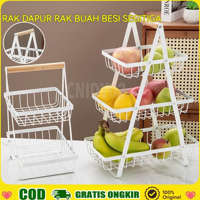 CODKeranjang Rak Dapur Rak Buah Besi Rak Dapur Besi Kayu Serbaguna Dapur Rak 3 Tingkat Dapur