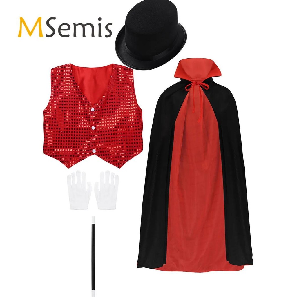 kids magician cosplay costume role play props outfit waistcoat cape hat magic wand gloves set for co