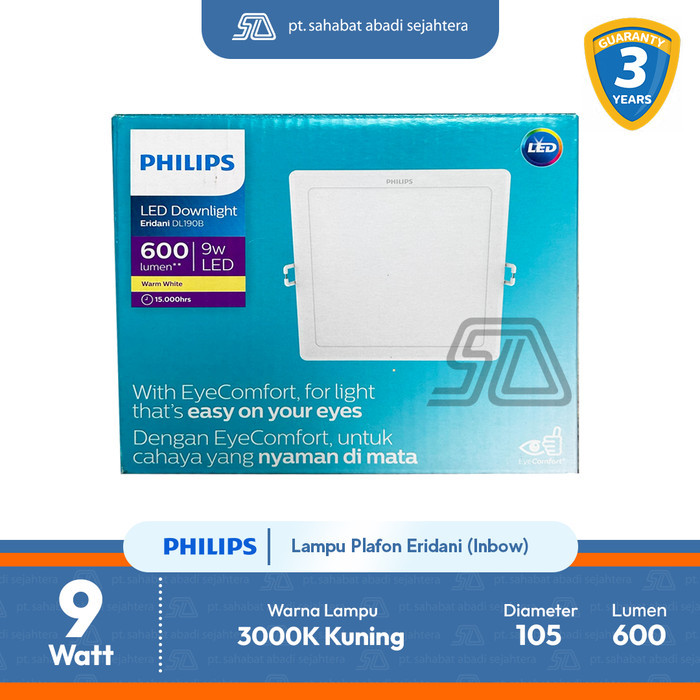 Philips Lampu LED downlight Plafon Inbow Kotak Eridani 9W 4 inch 3000K Kuning