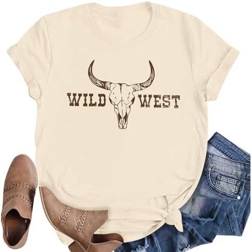 Kemeja Tengkorak Sapi Boho Wanita Kemeja Koboi Grafis Tengkorak Sapi Kaus Cowgirl Wild West |SXlhrUY