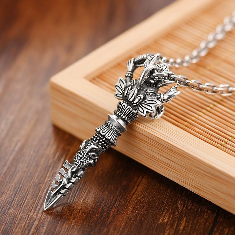 Sterling Silver Vintage God of Wealth Pendant Men's Trendy Men Trunk God Vajra Necklace Cool Smart E