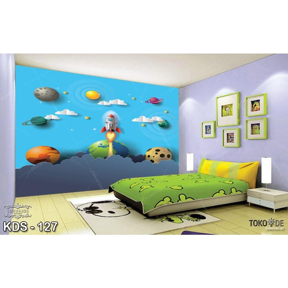 Wallpaper Dinding Custom 3D Anak laki cowok Astronot Walpaper Planet Antariksa Sticker Galaxy Stiker