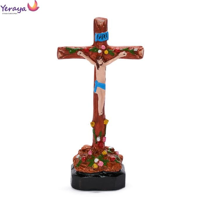 Termantab] Salib Duduk Katolik Fiber Mini Bunga Daun 11cm Pajangan Salib Meja Katolik Korpus Yesus