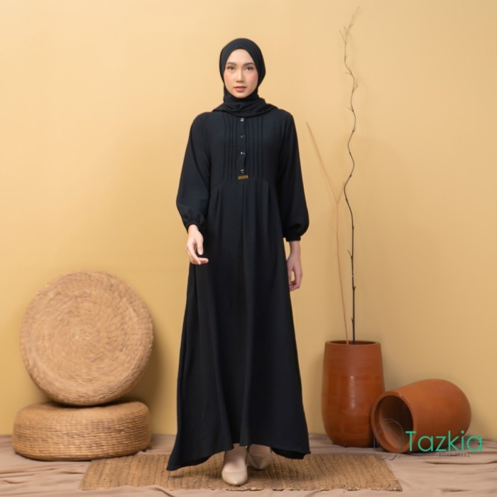 Dress Muslim Wanita Gamis Set Pashmina Azalia Black Polos Crinkle