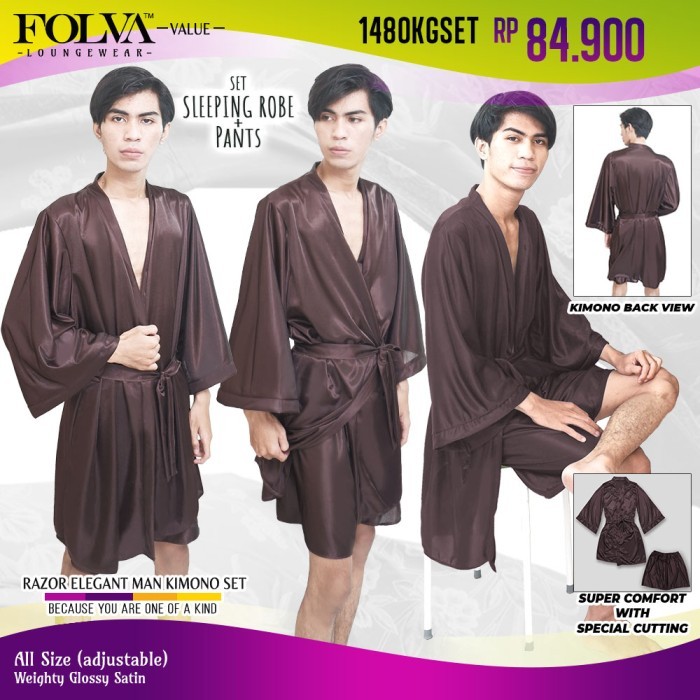 FOLVA baju tidur pria kimono man satin 1480KGSET cokelat all size