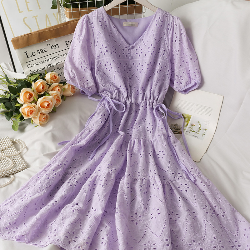 Rok Ekspansi Panjang Menengah Tembus Pandang Rajutan Berongga Ungu Taro Wanita Gaun Pinggang Tinggi 