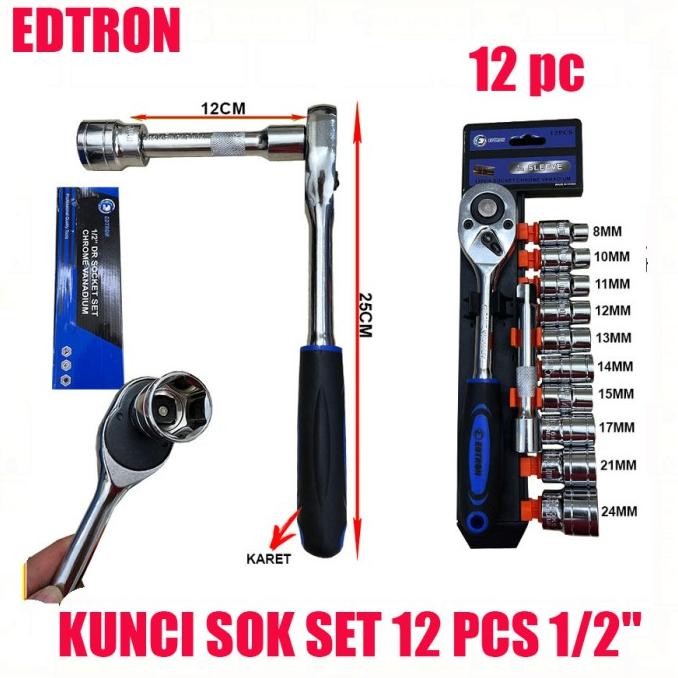 Produk Baru KUNCI SOK SET 12 PCS 1/2" EDTRON KUNCI SHOCK RATCHET BESAR 12pc SET